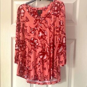 JM Collection pink peach kiss floral three quarter sleeve top; sz: small petite